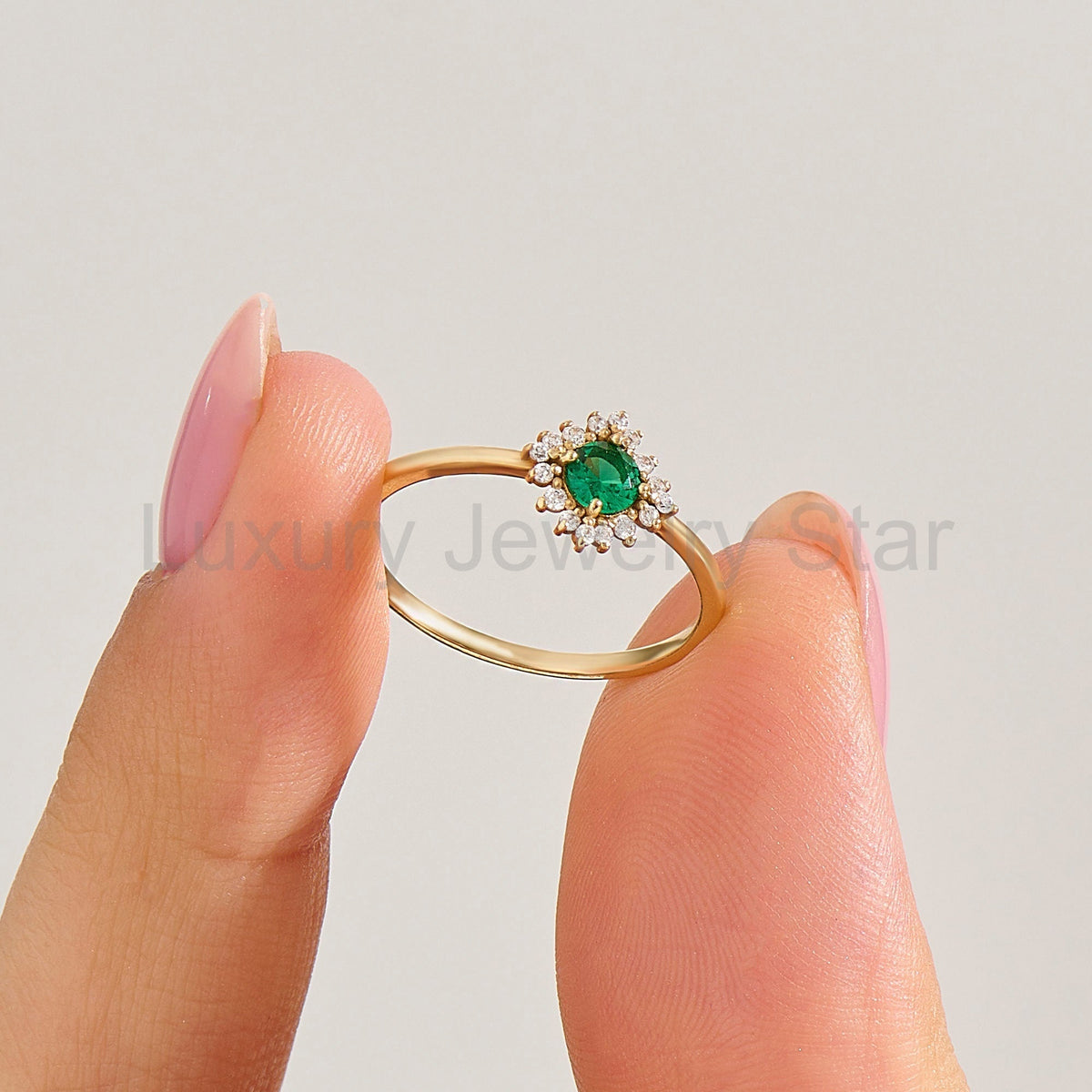 14k Solid Gold Emerald Diamond Halo Ring | Dainty Green Flower Solitaire Ring | Tiny - image 7