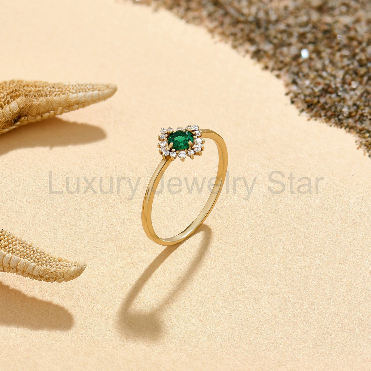 14k Solid Gold Emerald Diamond Halo Ring | Dainty Green Flower Solitaire Ring | Tiny - image 9