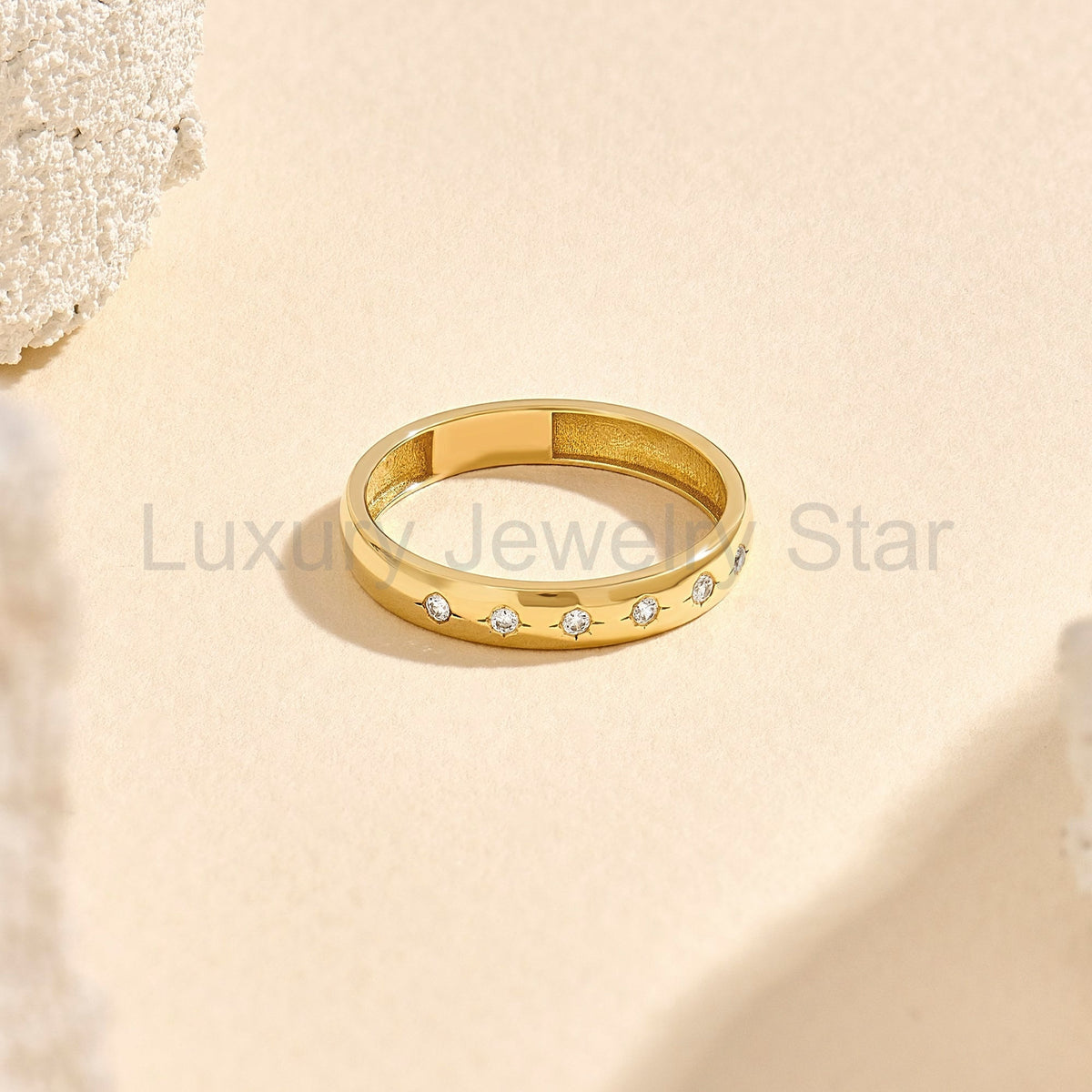 Diamond Star 14k Solid Gold Band – Flush-Set Wedding Ring | Womens Marriage & Anniversary - image 2
