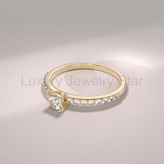 14k Solid Gold Diamond Engagement Ring | 0.3ctw Minimalist Solitaire Half Eternity Band | Promise