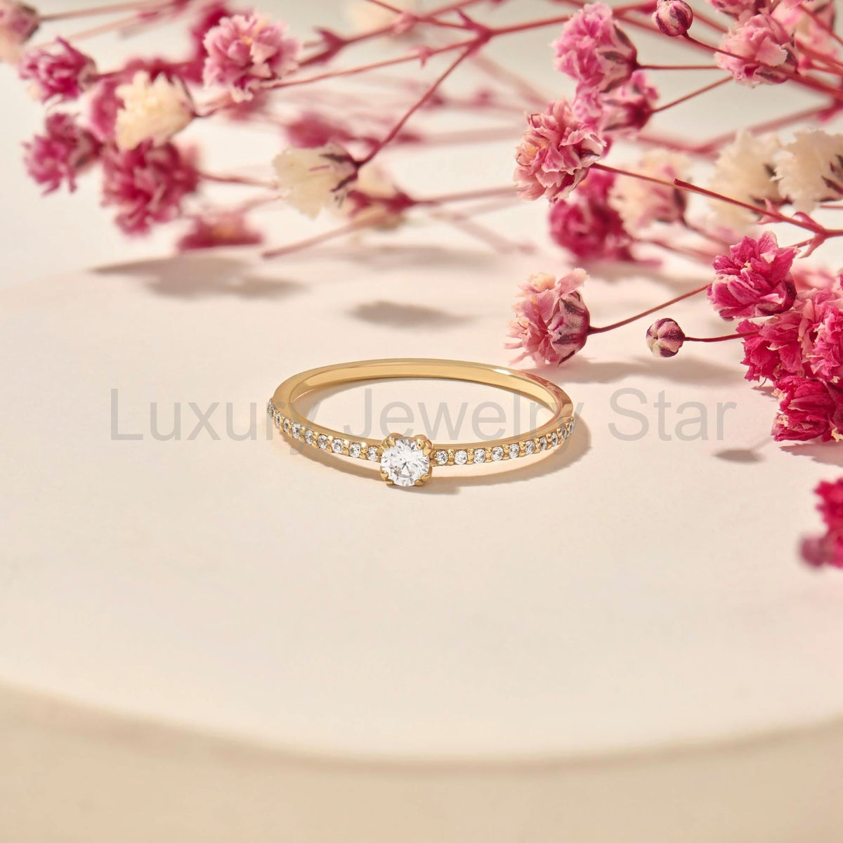 14k Solid Gold Diamond Engagement Ring | 0.3ctw Minimalist Solitaire Half Eternity Band - image 2