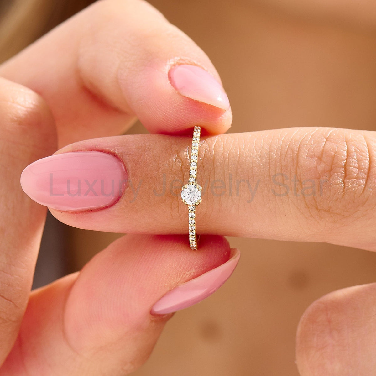 14k Solid Gold Diamond Engagement Ring | 0.3ctw Minimalist Solitaire Half Eternity Band - image 9