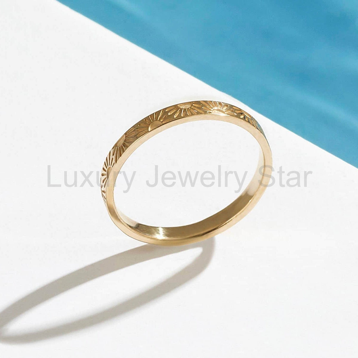 14k Solid Gold Sun Wedding Band | Comfort Fit Celestial Ring | Minimalist Matching Couples Ring for