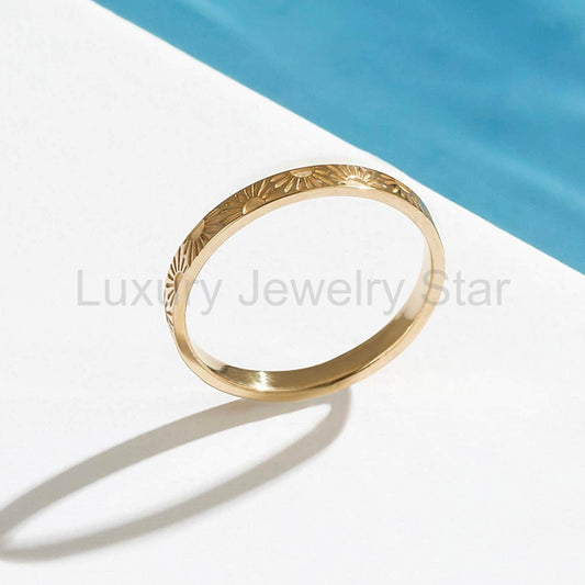 14k Solid Gold Sun Wedding Band | Comfort Fit Celestial Ring | Minimalist Matching Couples Ring for