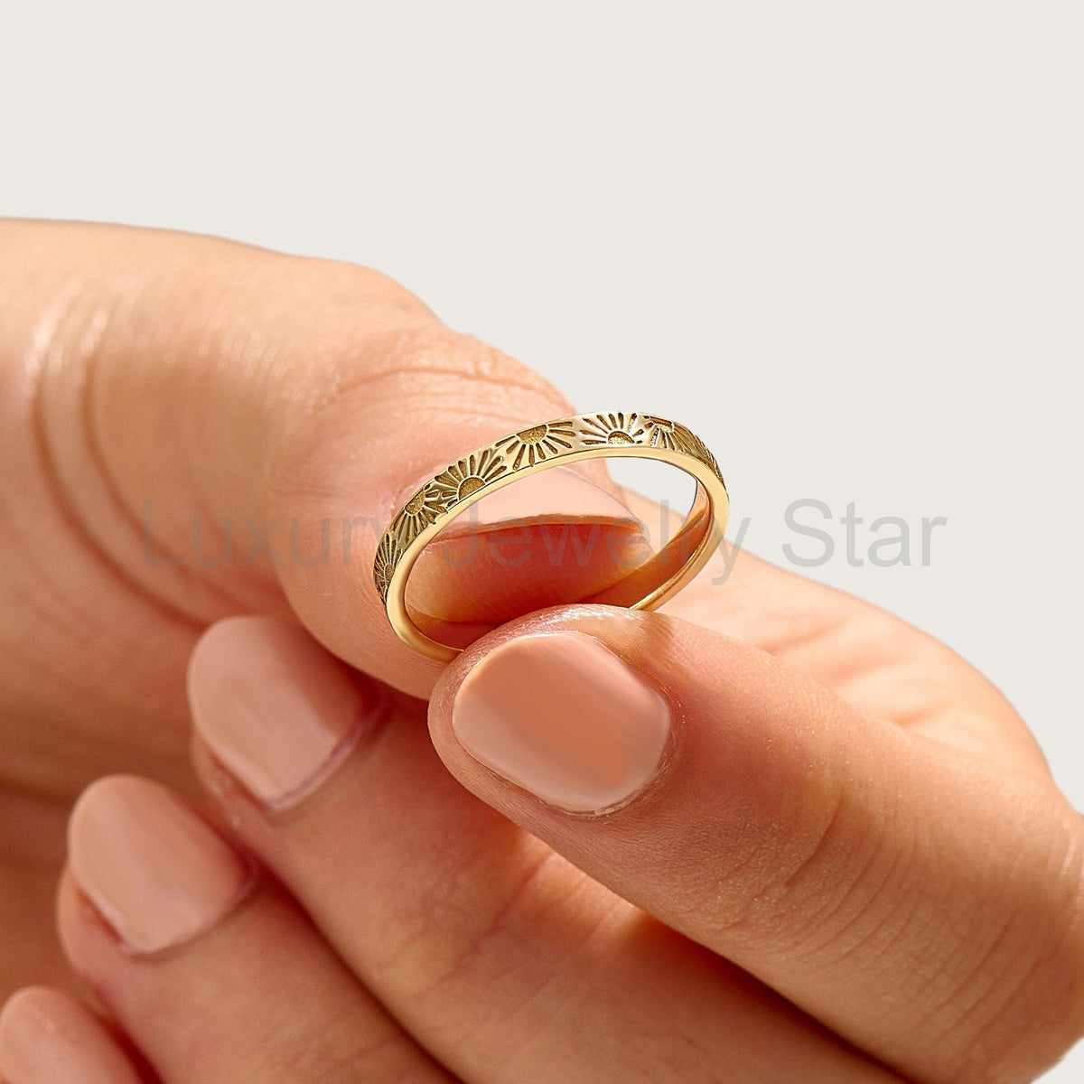 14k Solid Gold Sun Wedding Band | Comfort Fit Celestial Ring | Minimalist Matching Couples - image 3