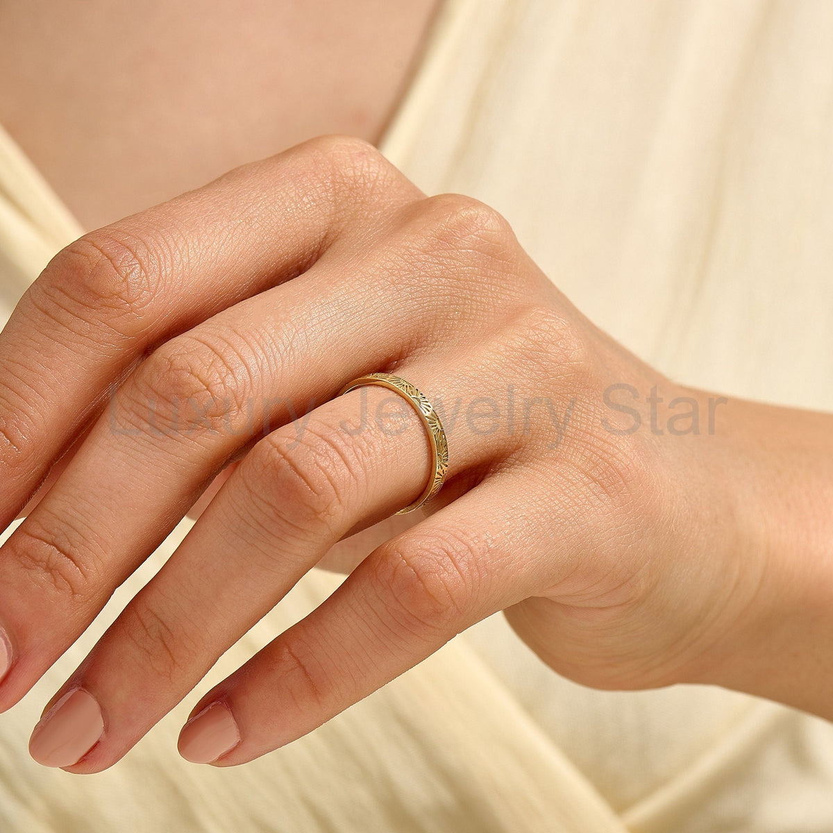 14k Solid Gold Sun Wedding Band | Comfort Fit Celestial Ring | Minimalist Matching Couples - image 6