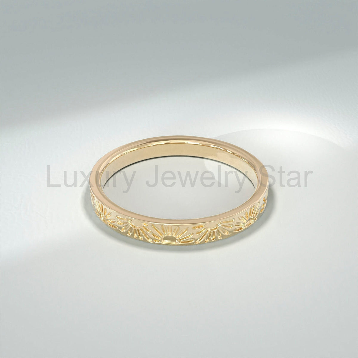 14k Solid Gold Sun Wedding Band | Comfort Fit Celestial Ring | Minimalist Matching Couples - image 8