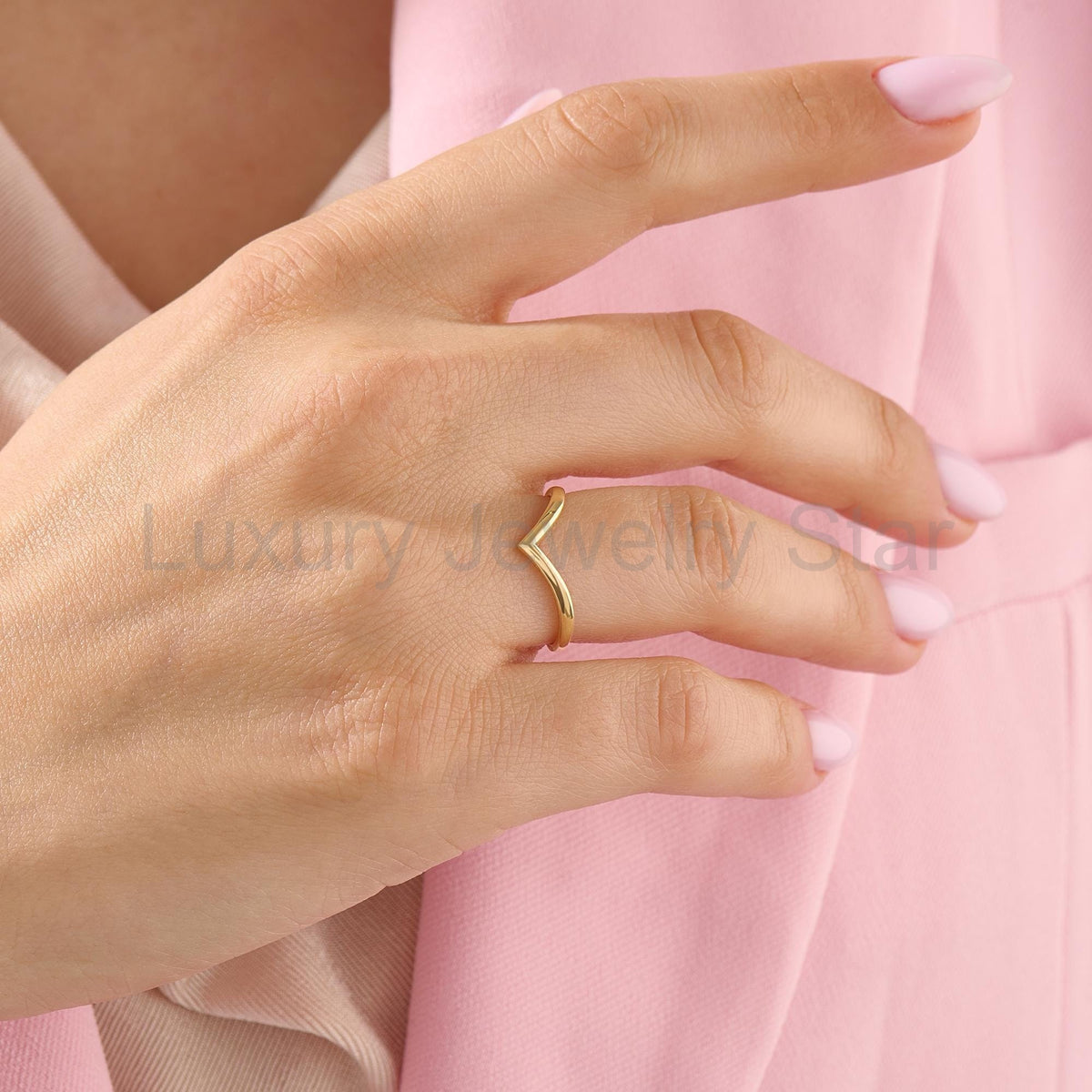 14k Gold Wishbone Chevron Ring – Curved Wedding Band | Stackable Thin Contour Ring for - image 2