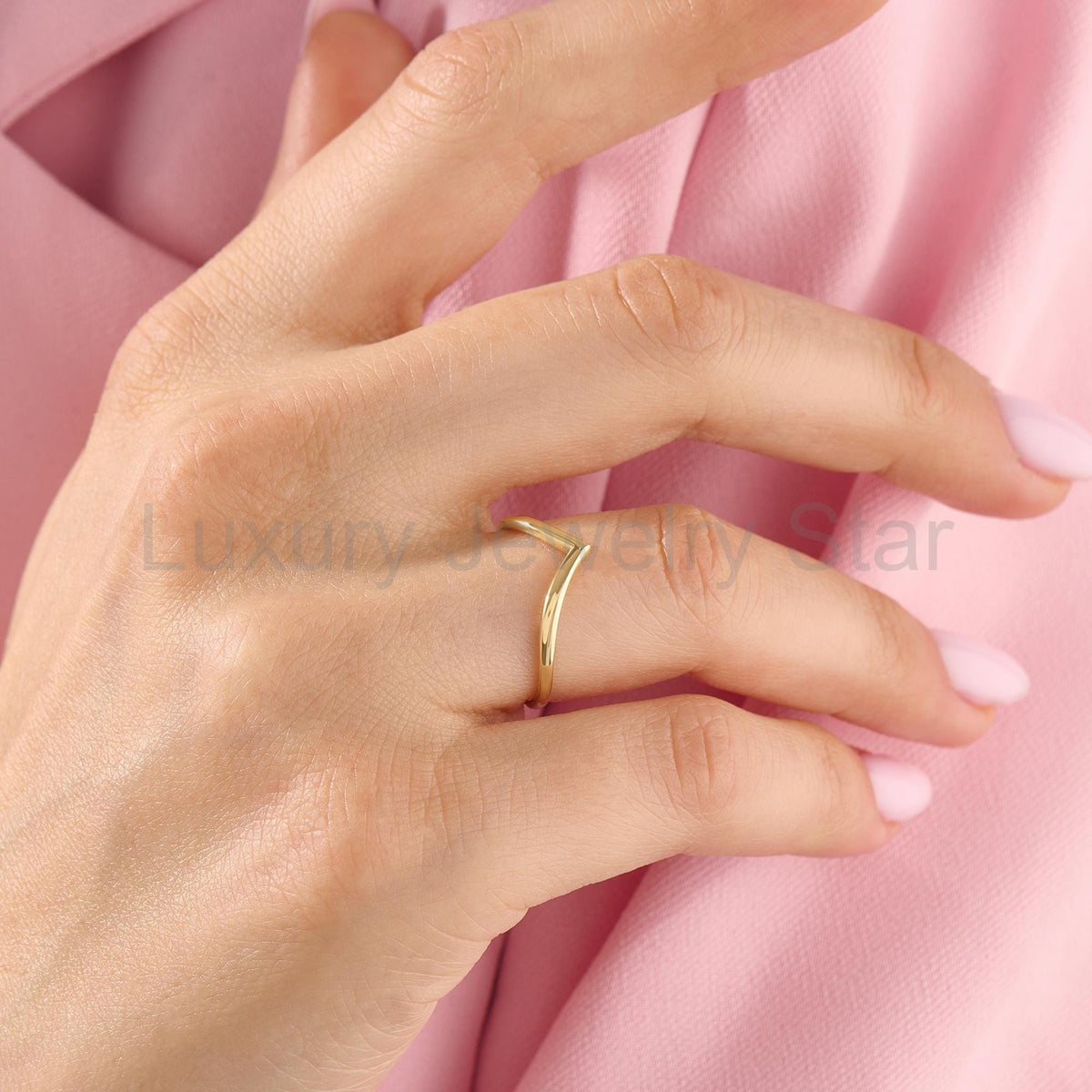 14k Gold Wishbone Chevron Ring – Curved Wedding Band | Stackable Thin Contour Ring for - image 4
