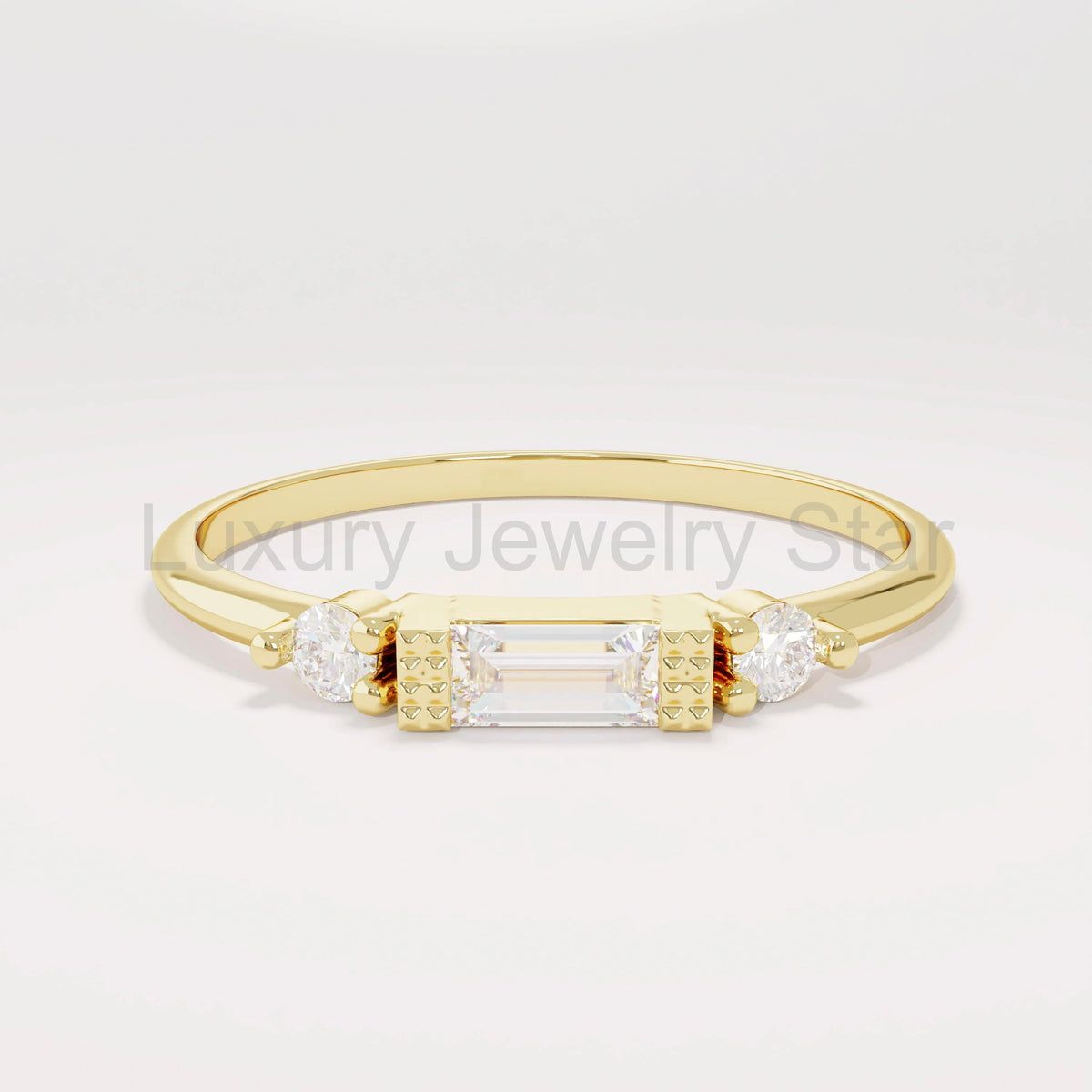 14k Solid Gold Baguette Diamond Ring | Minimalist Engagement Ring & Stacking Band for Women | Dainty