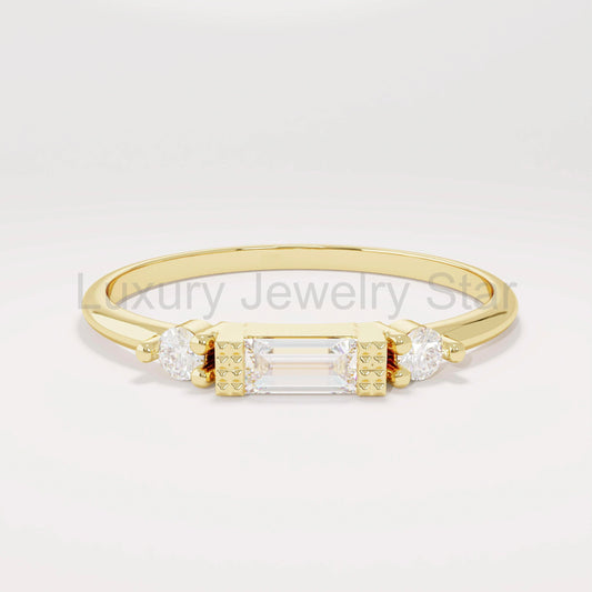 14k Solid Gold Baguette Diamond Ring | Minimalist Engagement Ring & Stacking Band for Women | Dainty