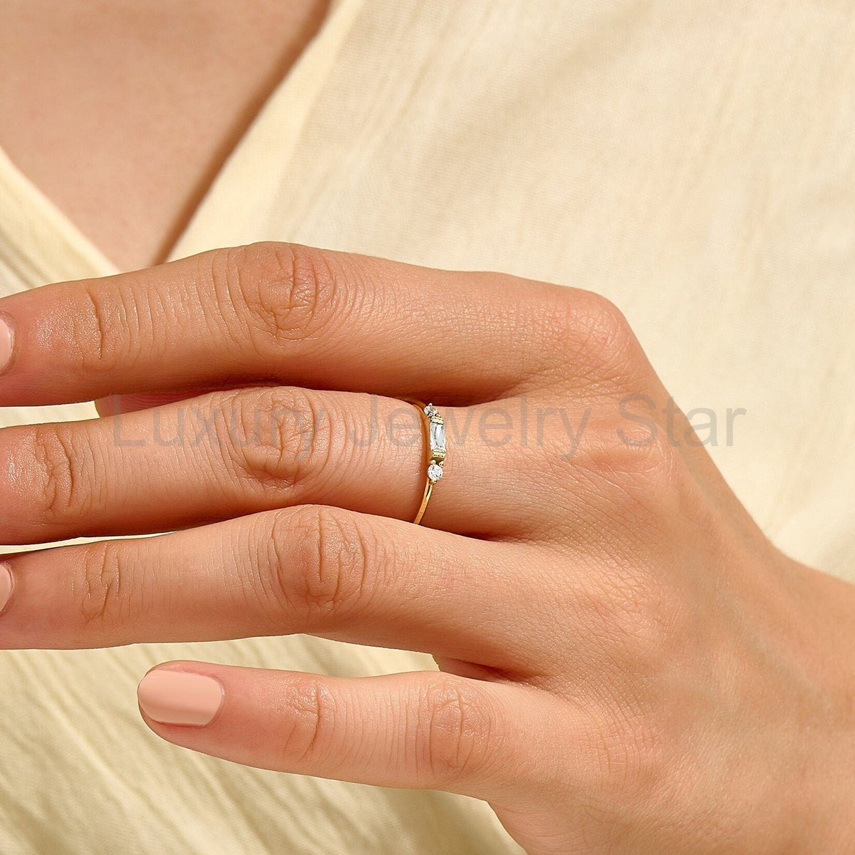 14k Solid Gold Baguette Diamond Ring | Minimalist Engagement Ring & Stacking Band for - image 9