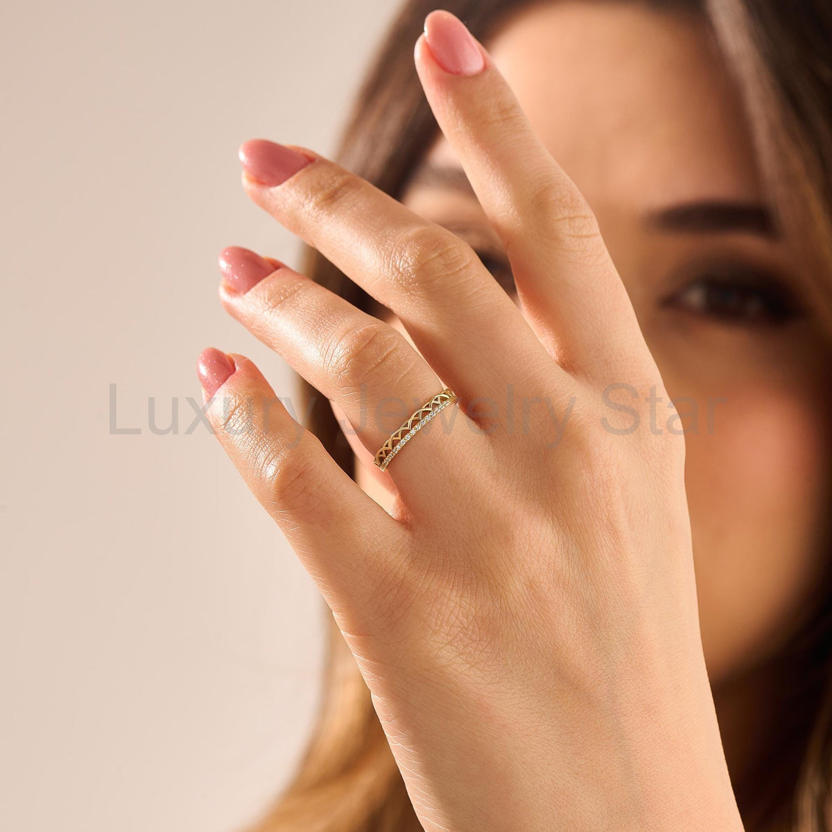 Bridal Celtic Ring: 14K Gold Pave Diamond Knot Band – Unique Wedding Jewelry - image 3