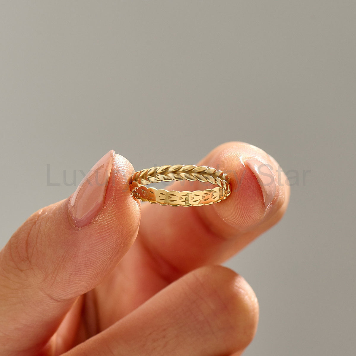 Nature-Inspired Wheat Ring 14K Gold – Unisex Floral Texture Gold Band