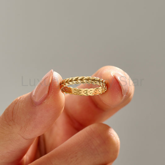 Nature-Inspired Wheat Ring 14K Gold – Unisex Floral Texture Gold Band