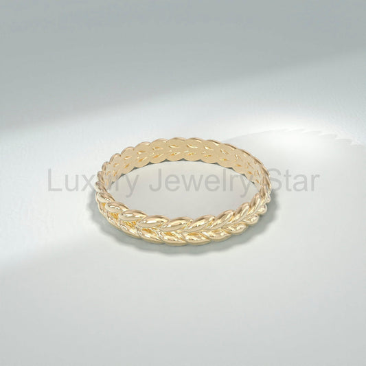 Nature-Inspired Wheat Ring 14K Gold – Unisex Floral Texture Gold Band - image 2