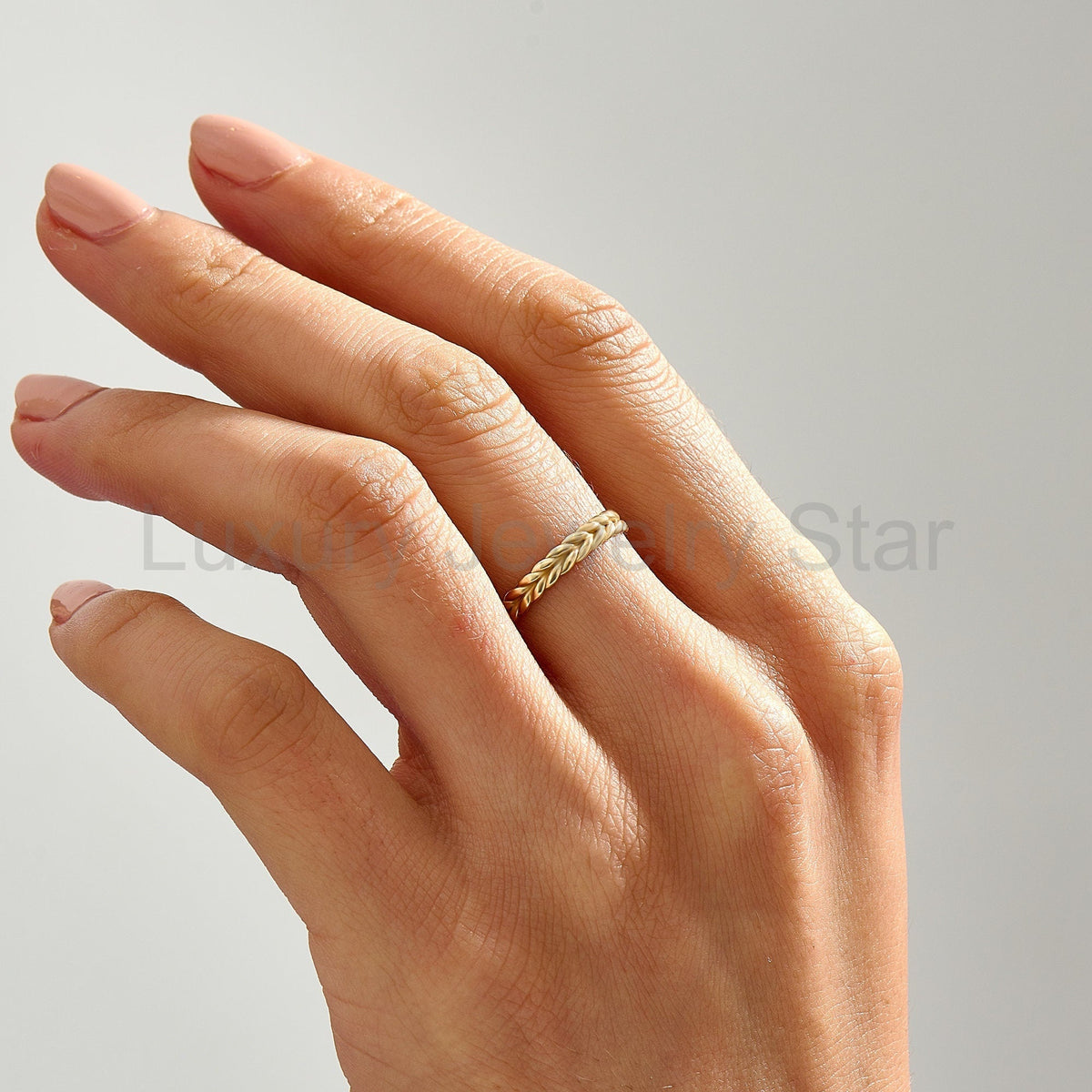 Nature-Inspired Wheat Ring 14K Gold – Unisex Floral Texture Gold Band - image 6