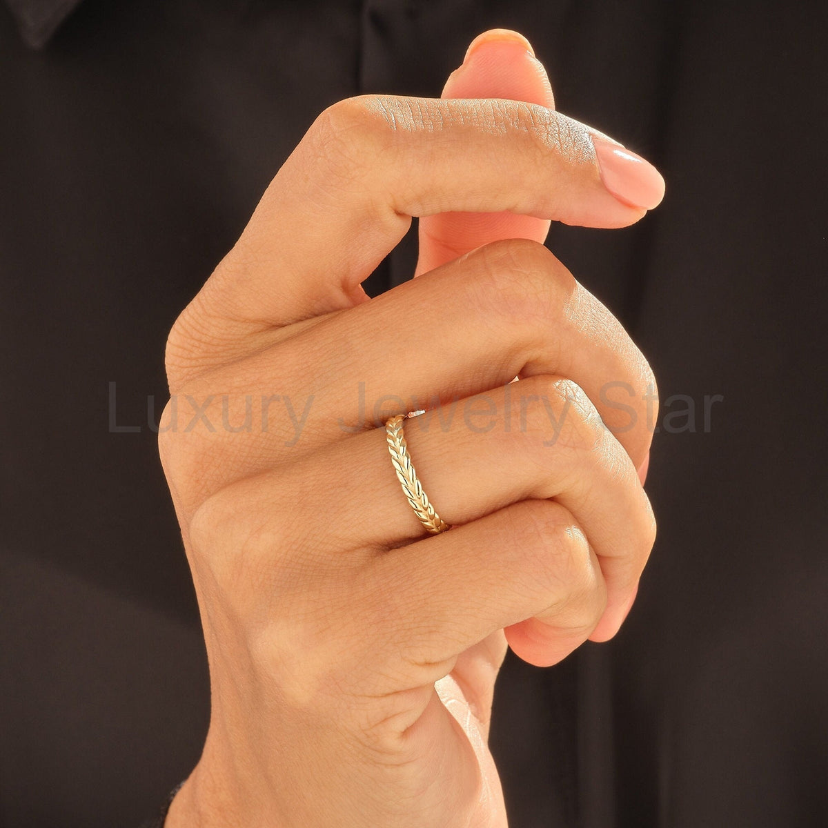 Nature-Inspired Wheat Ring 14K Gold – Unisex Floral Texture Gold Band - image 7
