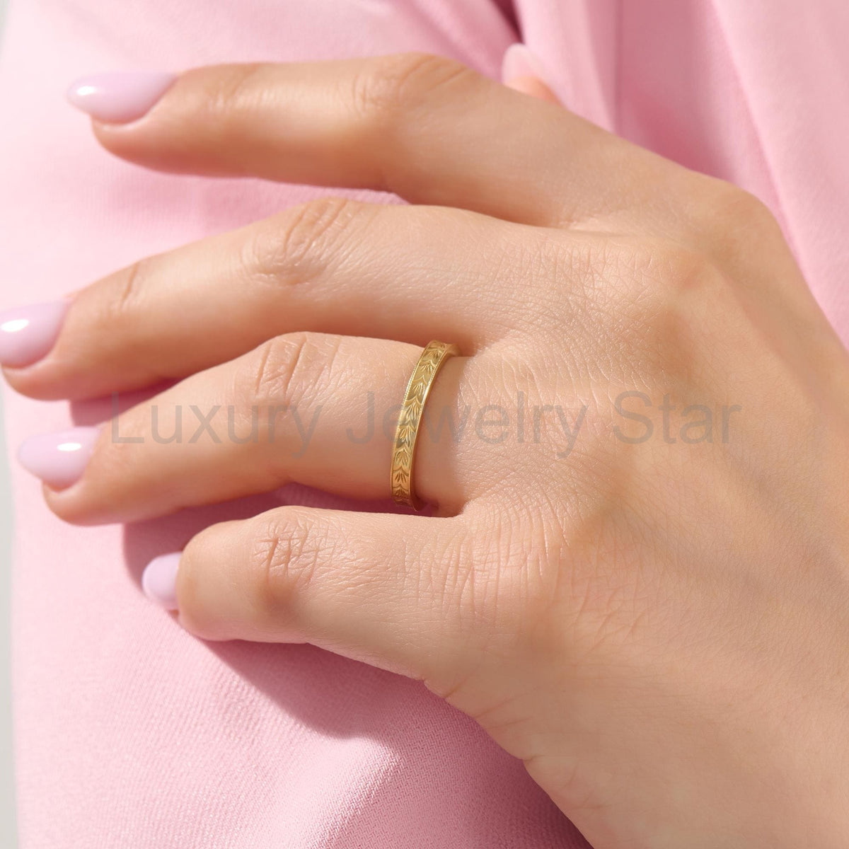 3mm Wheat Engraved Ring 14K Gold – His and Hers Simple Marriage Band