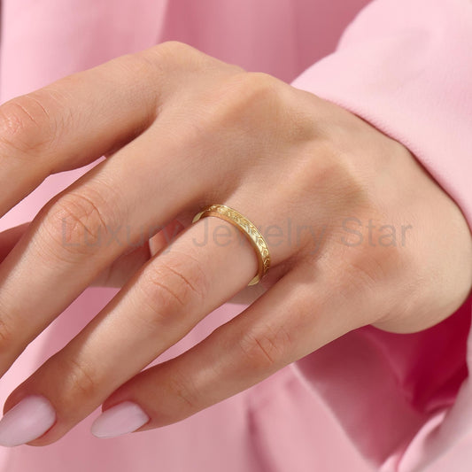 3mm Wheat Engraved Ring 14K Gold – His and Hers Simple Marriage Band - image 2