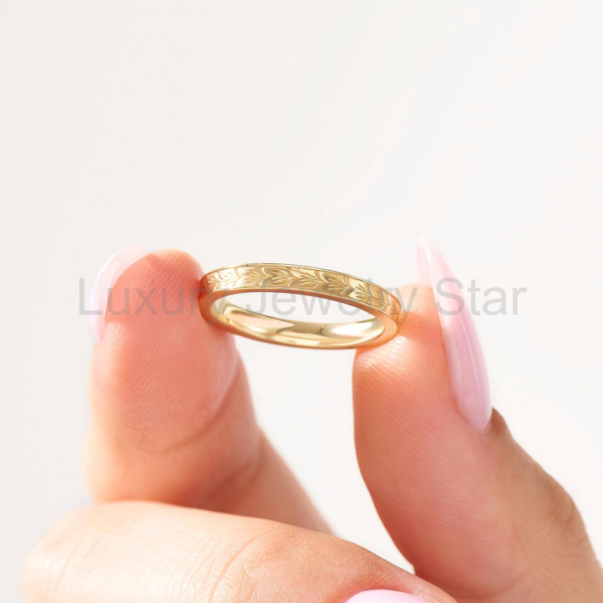 3mm Wheat Engraved Ring 14K Gold – His and Hers Simple Marriage Band - image 4