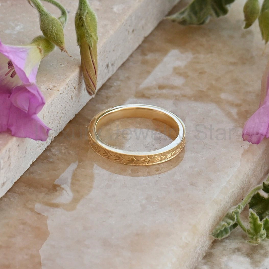 3mm Wheat Engraved Ring 14K Gold – His and Hers Simple Marriage Band - image 9