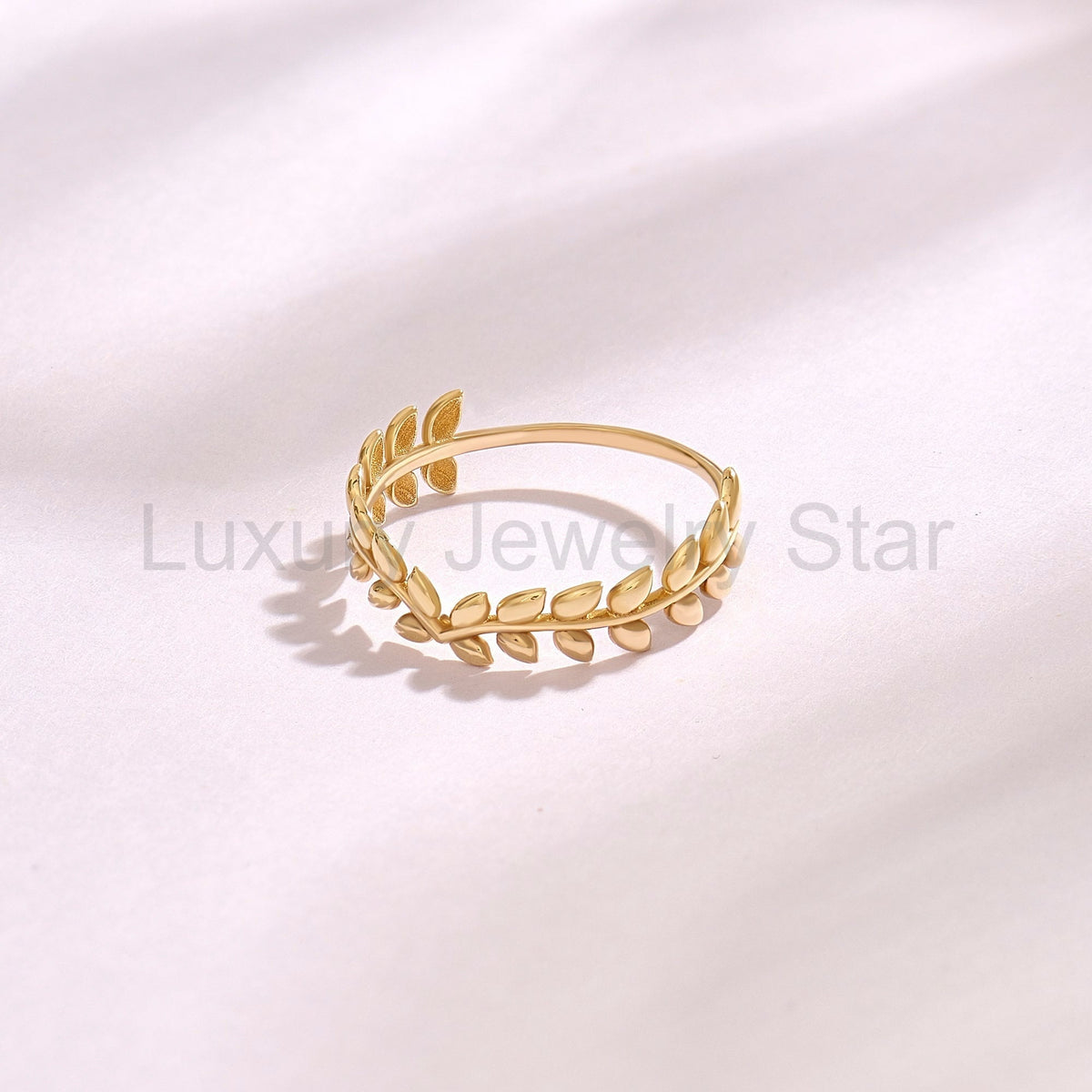 14K Solid Gold Olive Branch Ring – Dainty Leaf Vine Stackable Wedding Band