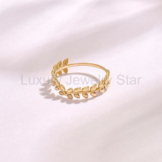 14K Solid Gold Olive Branch Ring – Dainty Leaf Vine Stackable Wedding Band