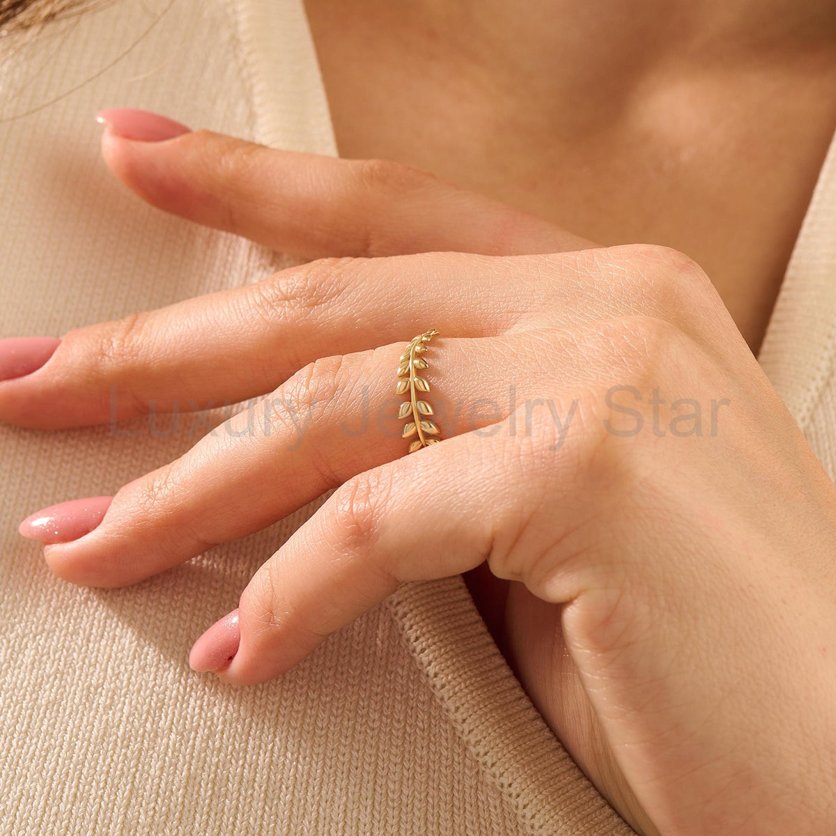 14K Solid Gold Olive Branch Ring – Dainty Leaf Vine Stackable Wedding Band - image 2