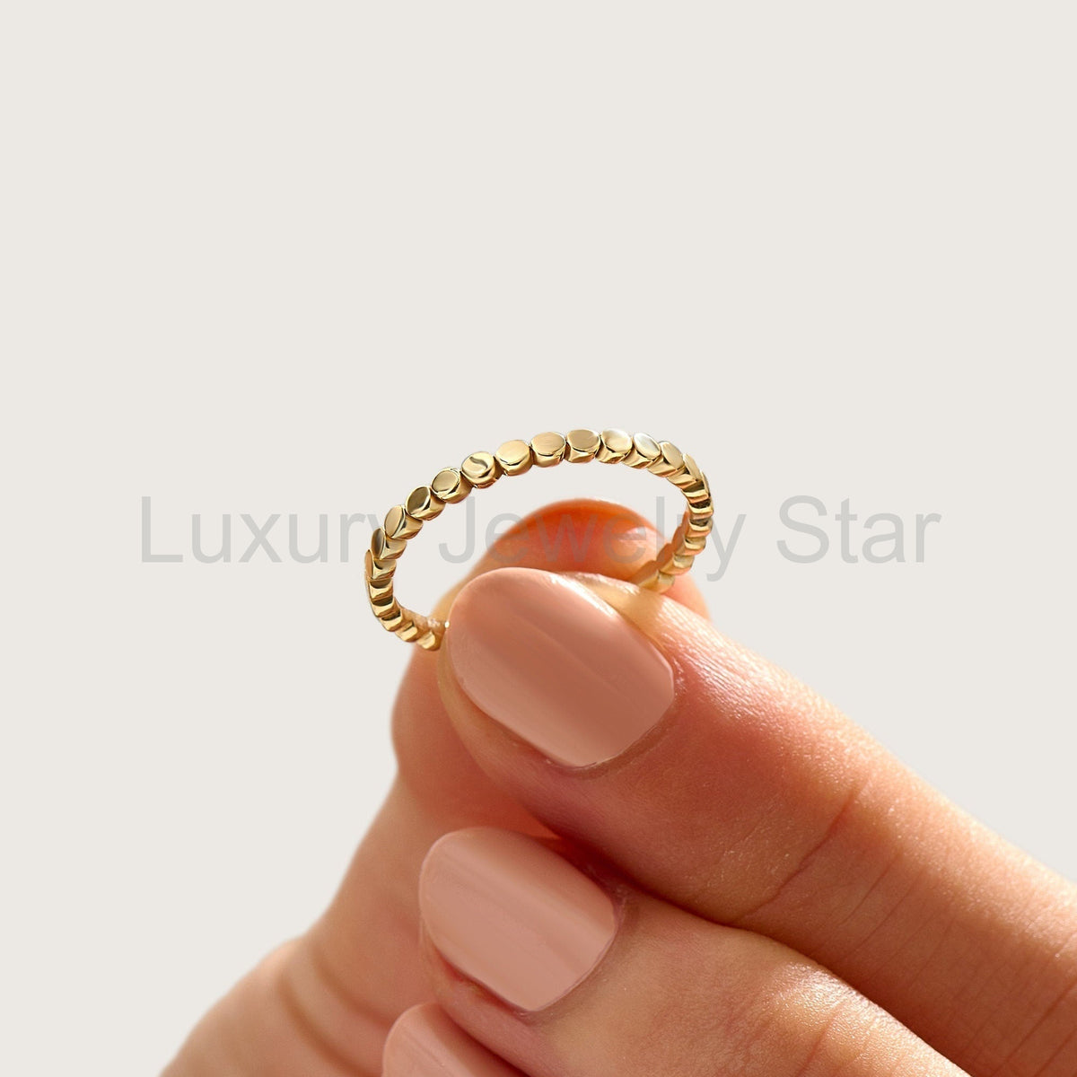 14K Solid Gold Stacking Bead Ring – Minimalist Delicate Gold Bead Band - image 4