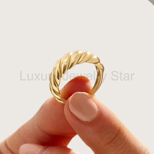 14K Solid Gold Shrimp Croissant Dome Ring – Chunky Twisted Rope Statement Band
