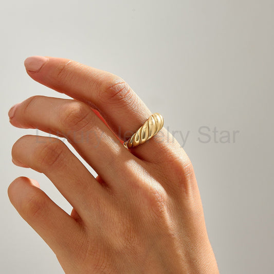 14K Solid Gold Shrimp Croissant Dome Ring – Chunky Twisted Rope Statement Band - image 2