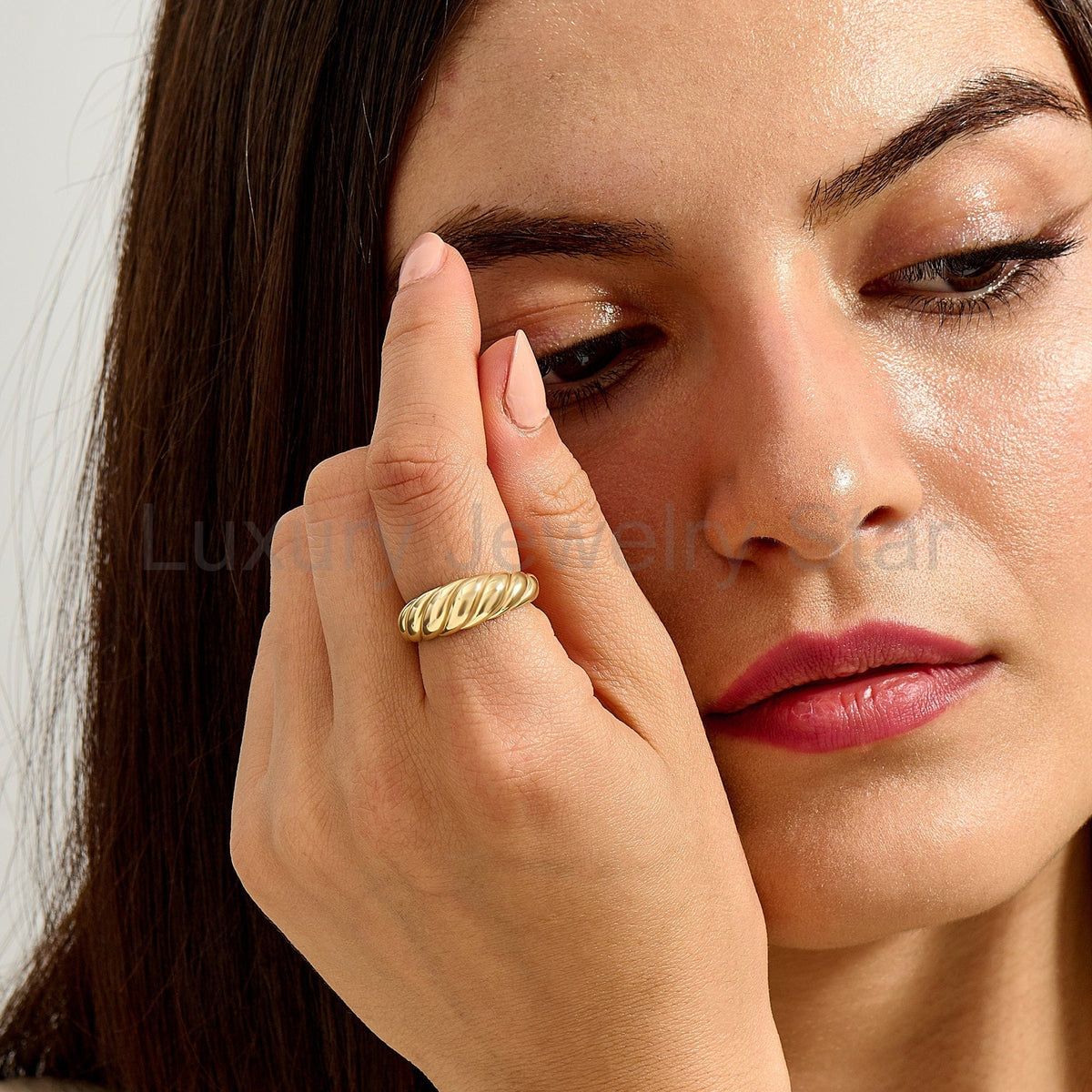 14K Solid Gold Shrimp Croissant Dome Ring – Chunky Twisted Rope Statement Band - image 8