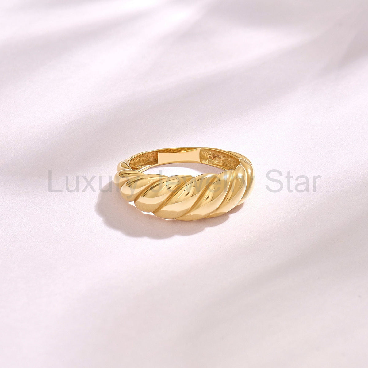14K Solid Gold Shrimp Croissant Dome Ring – Chunky Twisted Rope Statement Band - image 9
