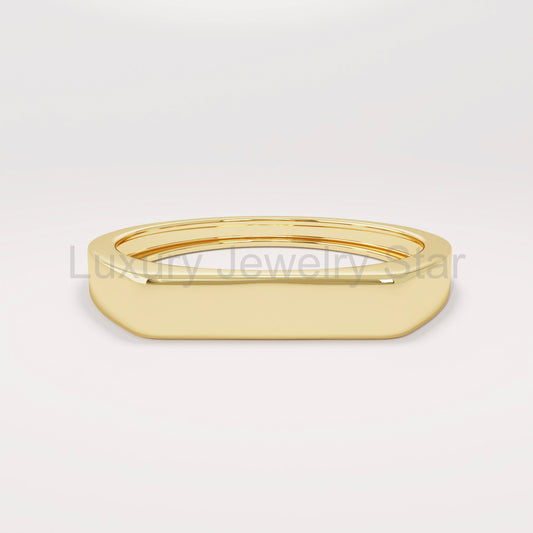 14k Solid Gold Signet Bar Ring – Modern Thick Flat Line Ring, Unique Geometric Handmade Band