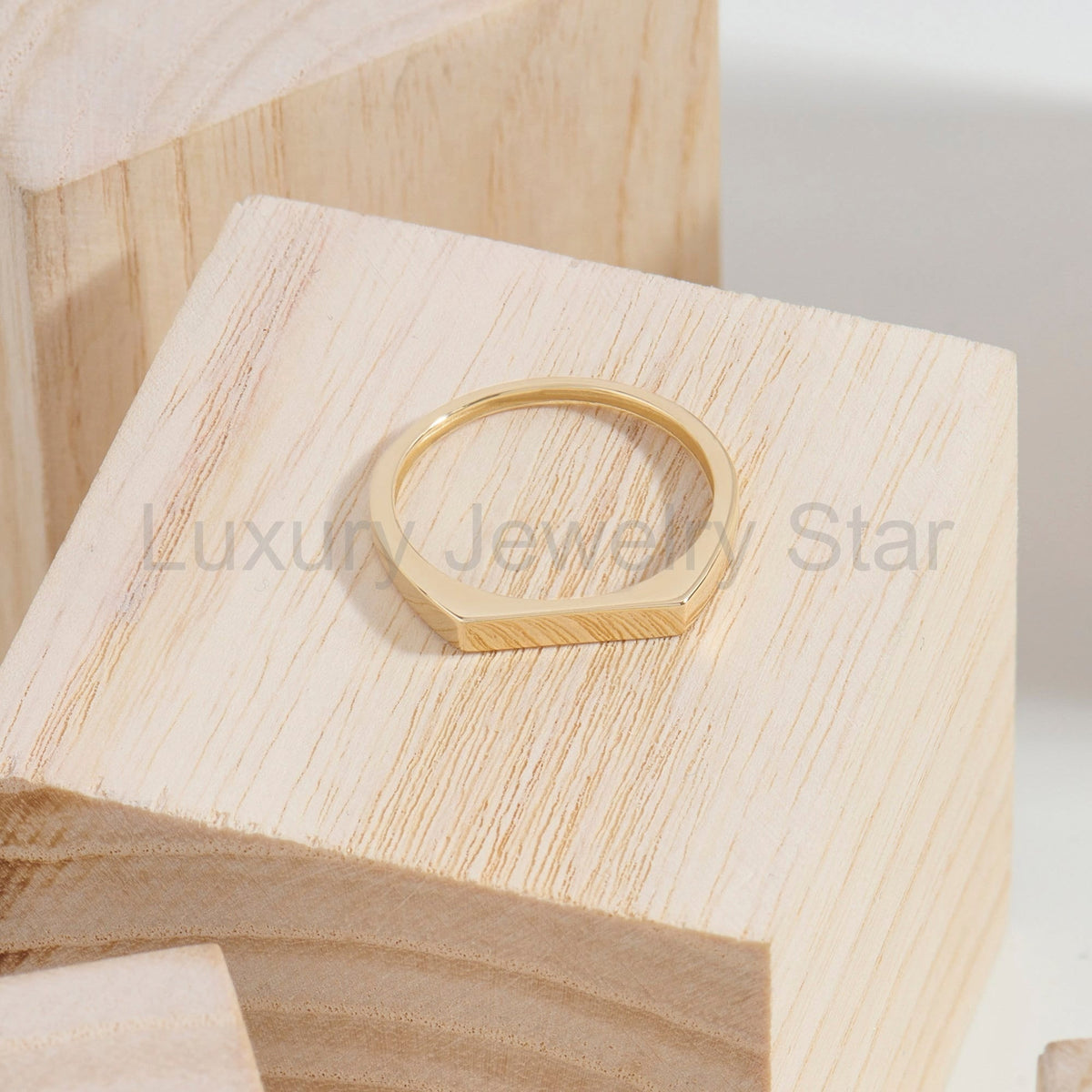14k Solid Gold Signet Bar Ring – Modern Thick Flat Line Ring, Unique Geometric Handmade - image 7