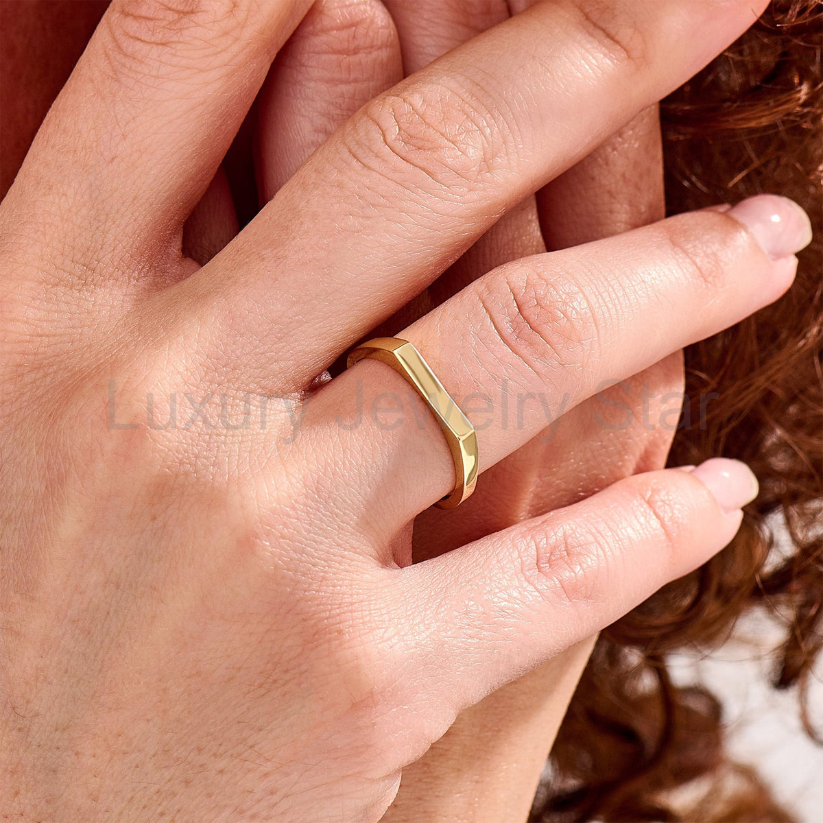 14k Solid Gold Signet Bar Ring – Modern Thick Flat Line Ring, Unique Geometric Handmade - image 8