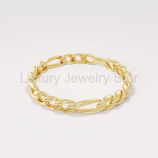 14k Solid Gold Figaro Chain Ring – Dainty Cuban Link Band, Minimalist Stacking Ring