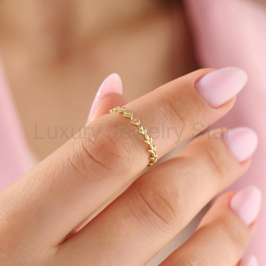 14k Solid Gold Dainty Floral Wedding Band - Vine Leaf Ring, Nature-Inspired Stackable - image 2