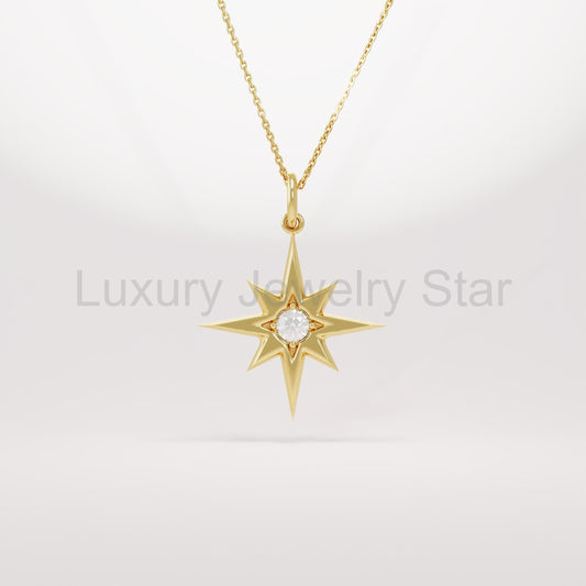 14k Solid Gold Diamond North Star Pendant - Dainty Compass Star Charm, Celestial Necklace
