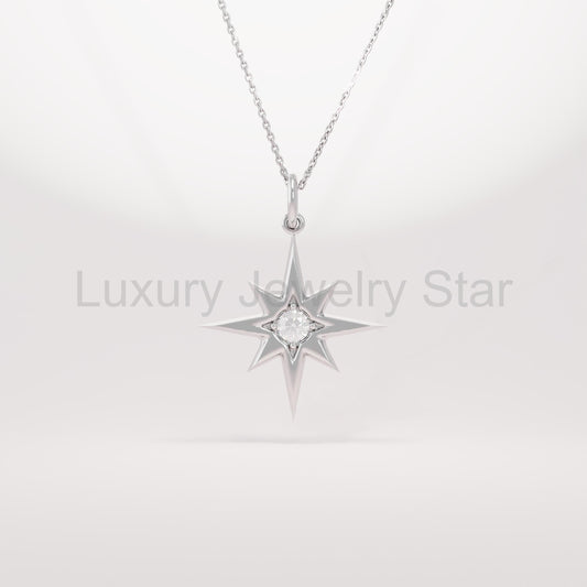 14k Solid Gold Diamond North Star Pendant - Dainty Compass Star Charm, Celestial Necklace - image 2
