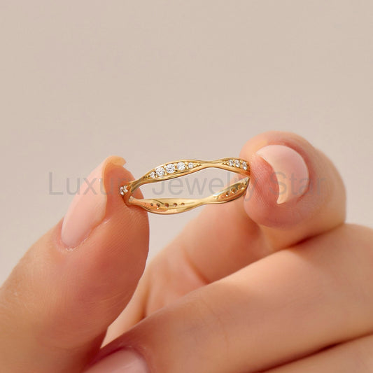 14K Solid Gold Diamond Wave Band – Pave Eternity Ring | Minimalist Wedding Band & Stackable