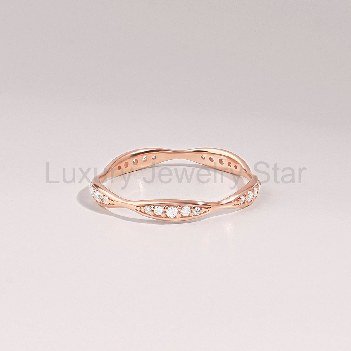 14K Solid Gold Diamond Wave Band – Pave Eternity Ring | Minimalist Wedding Band & - image 4