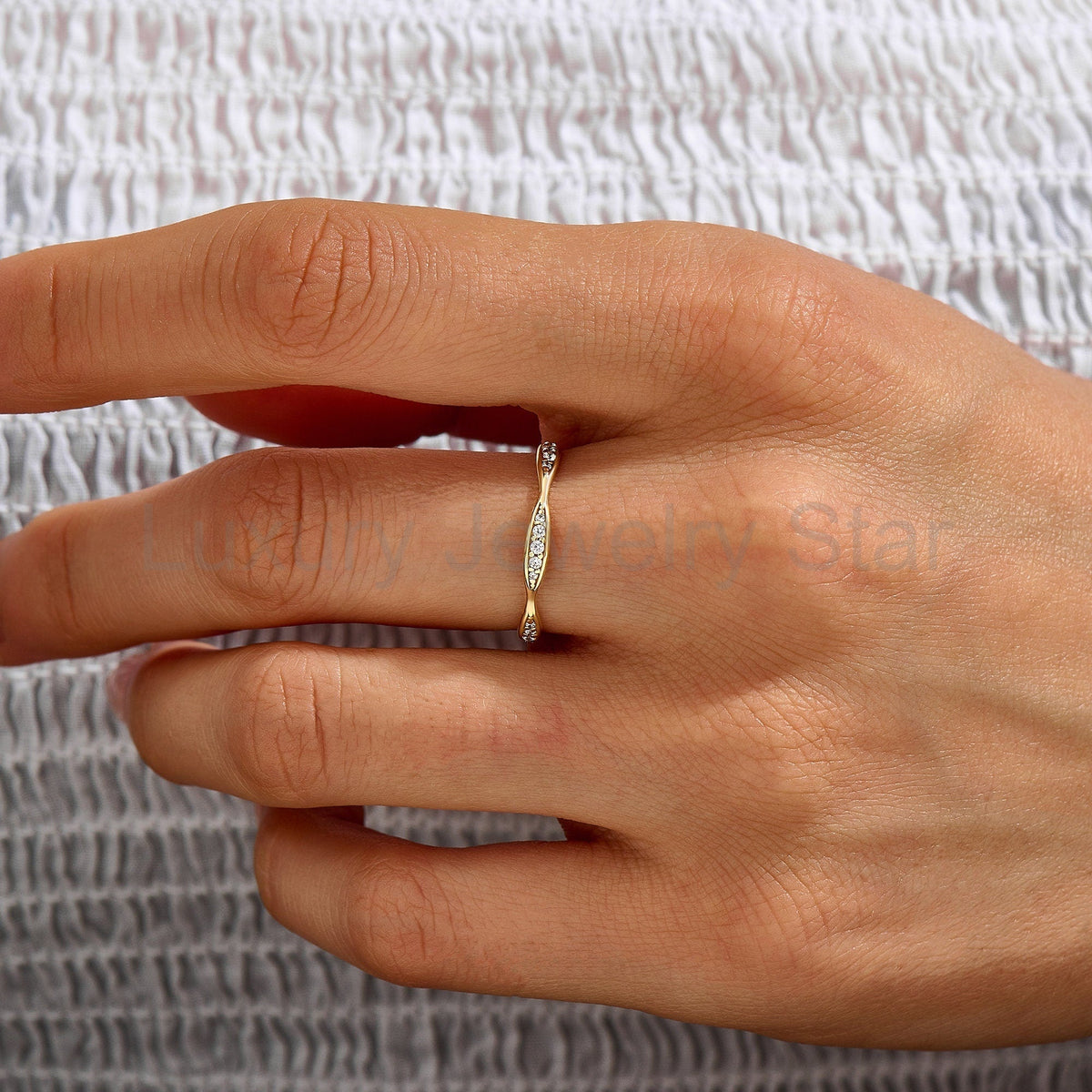 14K Solid Gold Diamond Wave Band – Pave Eternity Ring | Minimalist Wedding Band & - image 5