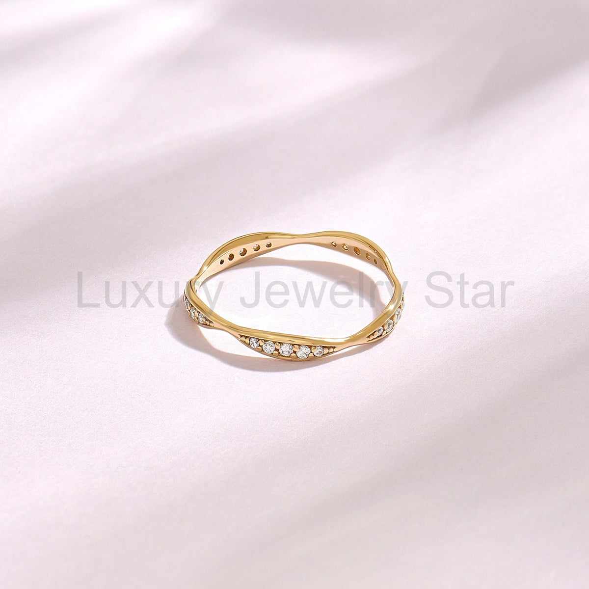 14K Solid Gold Diamond Wave Band – Pave Eternity Ring | Minimalist Wedding Band & - image 6