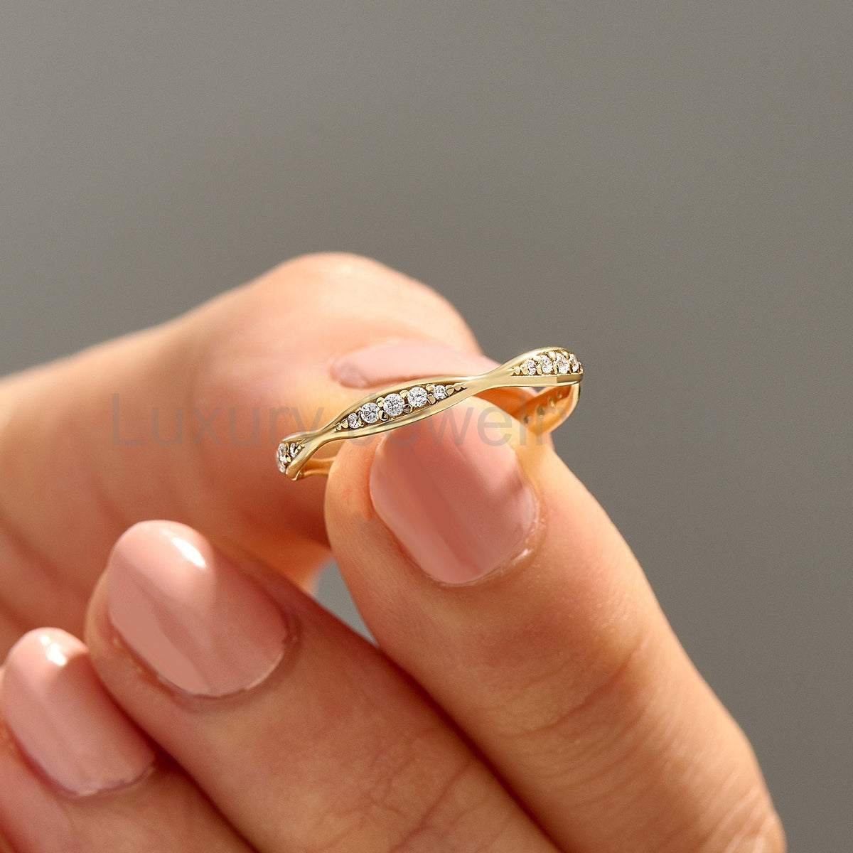 14K Solid Gold Diamond Wave Band – Pave Eternity Ring | Minimalist Wedding Band & - image 8