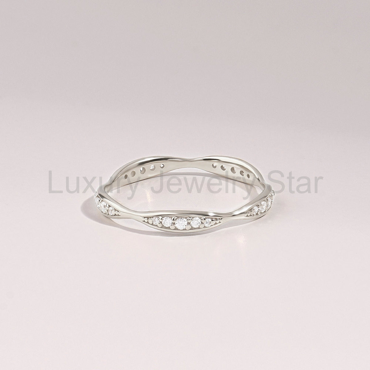 14K Solid Gold Diamond Wave Band – Pave Eternity Ring | Minimalist Wedding Band & - image 9