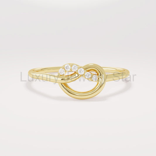 14K Solid Gold Diamond Knot Ring – Pave Friendship Band & Promise Ring for Her | Yellow/Rose/White