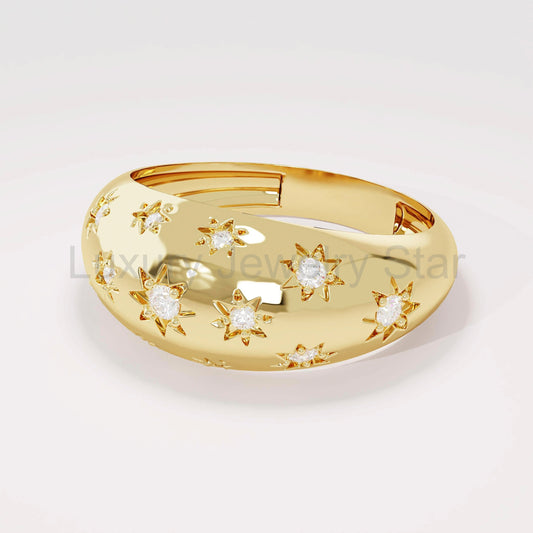 Solid Gold Chunky Star Ring - Pave Diamond Dome Ring, Unique Statement Pinky Ring for Women