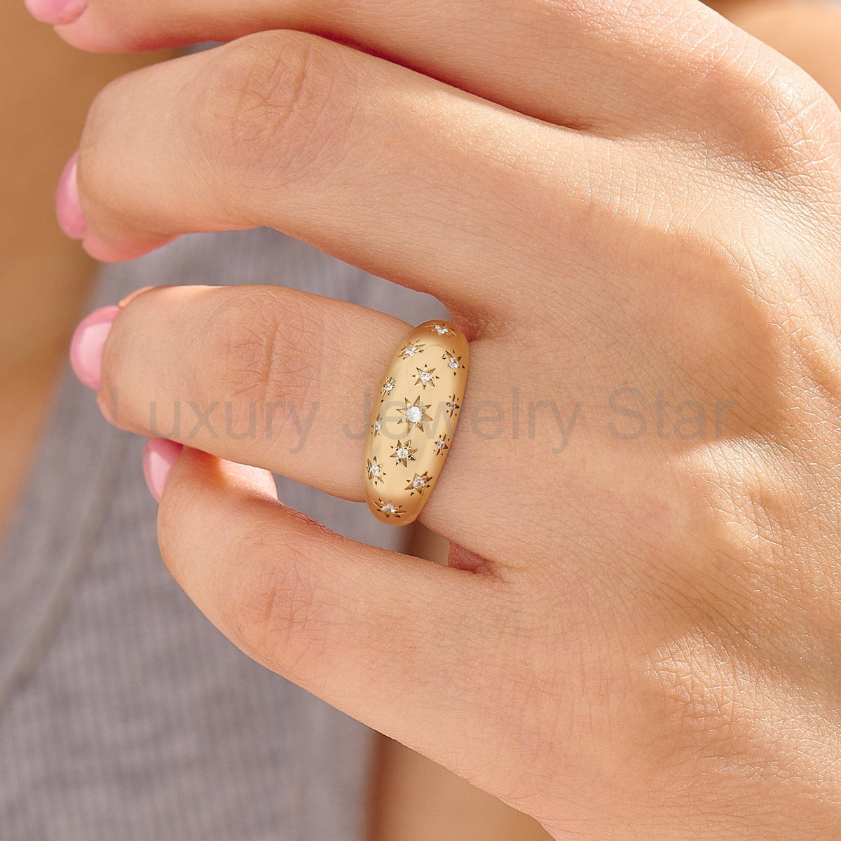 Solid Gold Chunky Star Ring - Pave Diamond Dome Ring, Unique Statement Pinky Ring for - image 2